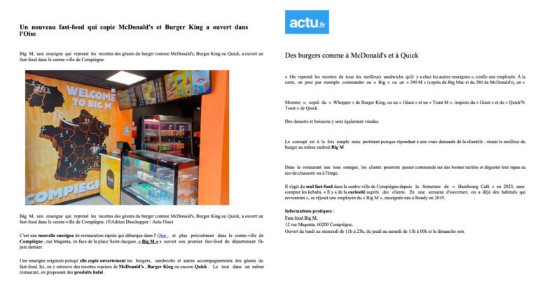 WEB – Actu.fr : Un nouveau fast-food qui copie McDonald’s et Burger King a ouvert dans l’Oise