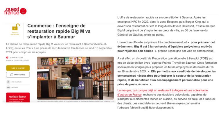 WEB – Ouest France : Commerce : l’enseigne de restauration rapide Big M va s’implanter à Saumur
