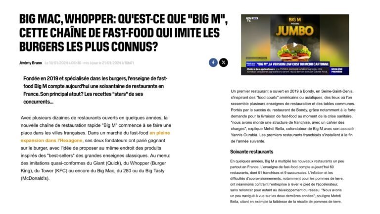WEB – BFM BUSINESS : « BIG MAC, WHOPPER: QU’EST-CE QUE « BIG M », CETTE CHAÎNE DE FAST-FOOD QUI IMITE LES BURGERS LES PLUS CONNUS? »