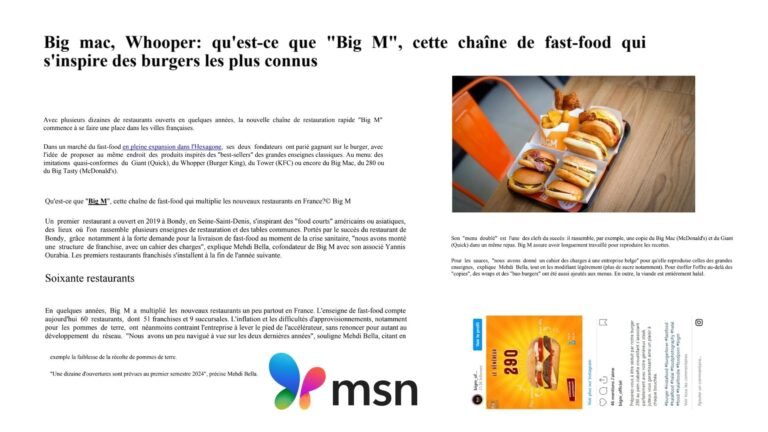 WEB – MSN :  » Big mac, Whooper: qu’est-ce que « Big M », cette chaîne de fast-food qui s’inspire des burgers les plus connus »