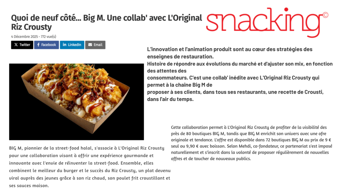 L’innovation et l’animation produit sont au cœur des stratégies des enseignes de restauration. Histoire de répondre aux évolutions du marché et d’ajuster son mix, en fonction des attentes des consommateurs. C'est une collab' inédite avec L'Original Riz Crousty qui permet à la chaîne Big M de proposer à ses clients, dans tous ses restaurants, une recette de Crousti, dans l'air du temps.