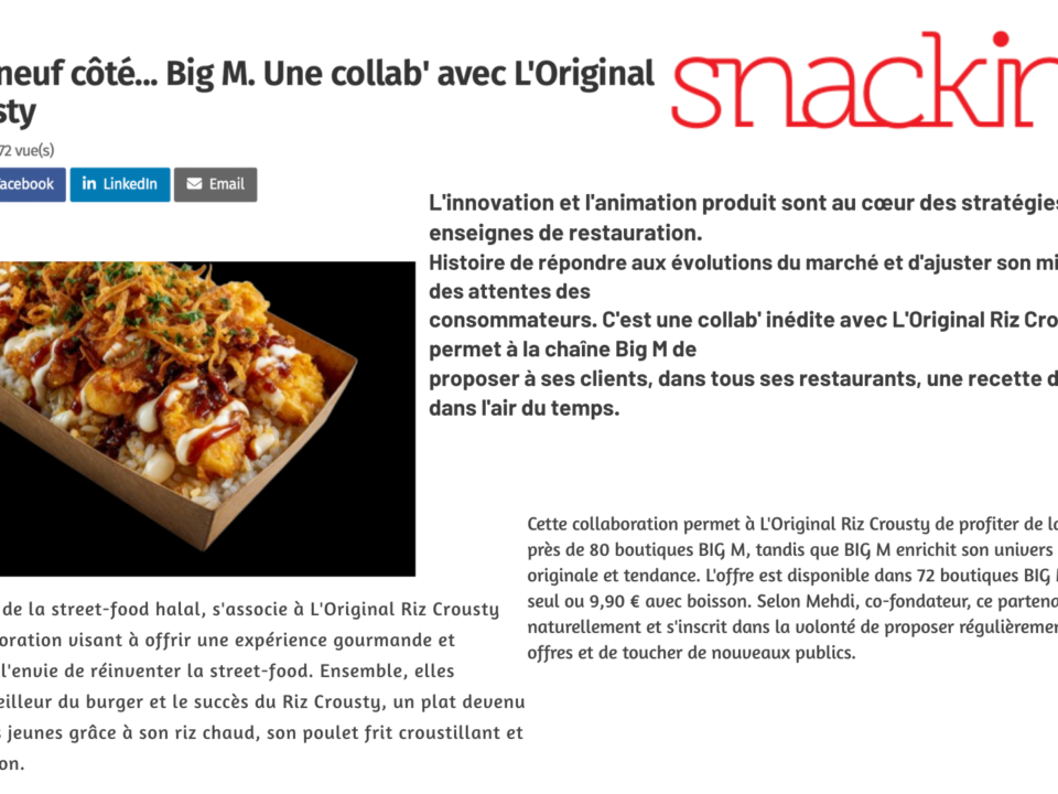 L’innovation et l’animation produit sont au cœur des stratégies des enseignes de restauration. Histoire de répondre aux évolutions du marché et d’ajuster son mix, en fonction des attentes des consommateurs. C'est une collab' inédite avec L'Original Riz Crousty qui permet à la chaîne Big M de proposer à ses clients, dans tous ses restaurants, une recette de Crousti, dans l'air du temps.